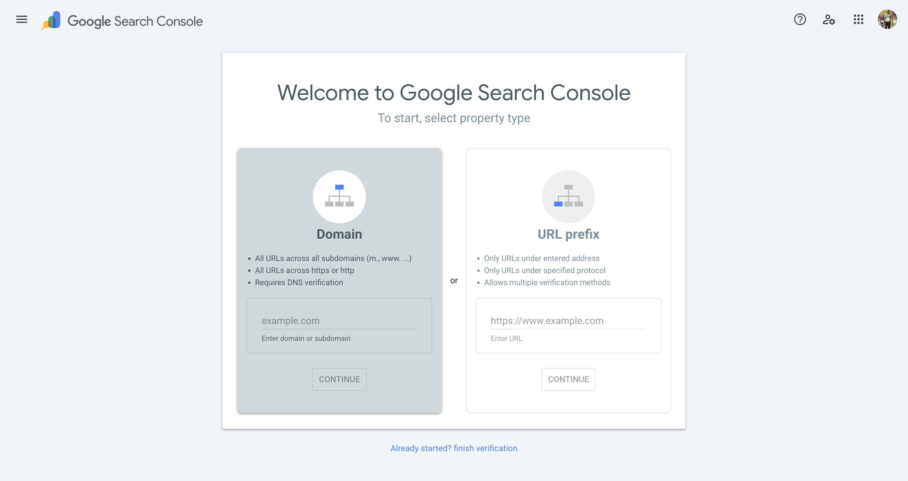 Google Search Console's property picker — where the agent's typing silently failed.