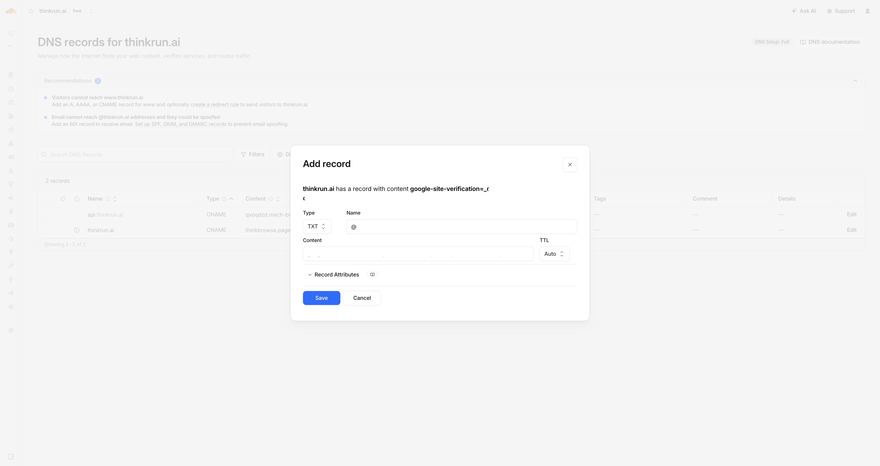 The google-site-verification TXT record added in Cloudflare — server-side ownership beats fighting the wizard.