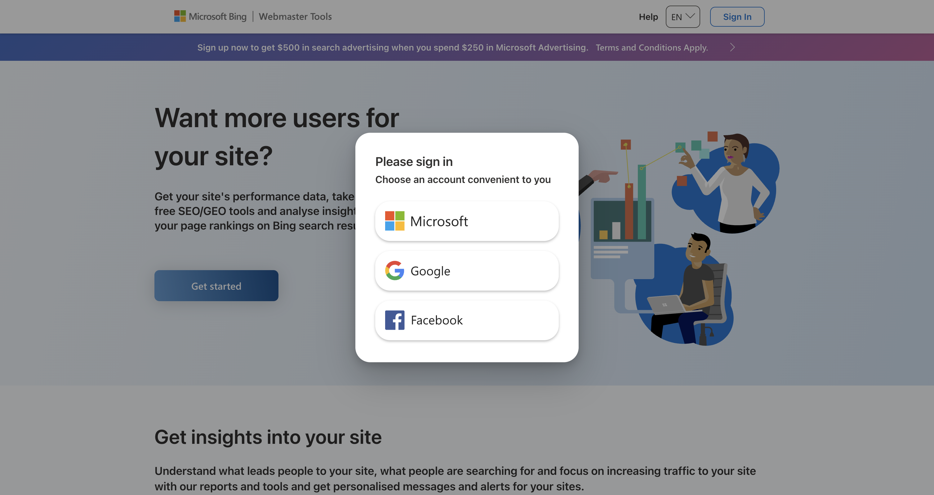 Bing's sign-in modal — Microsoft/Google/Facebook buttons visible on screen but invisible to automation (closed shadow DOM).