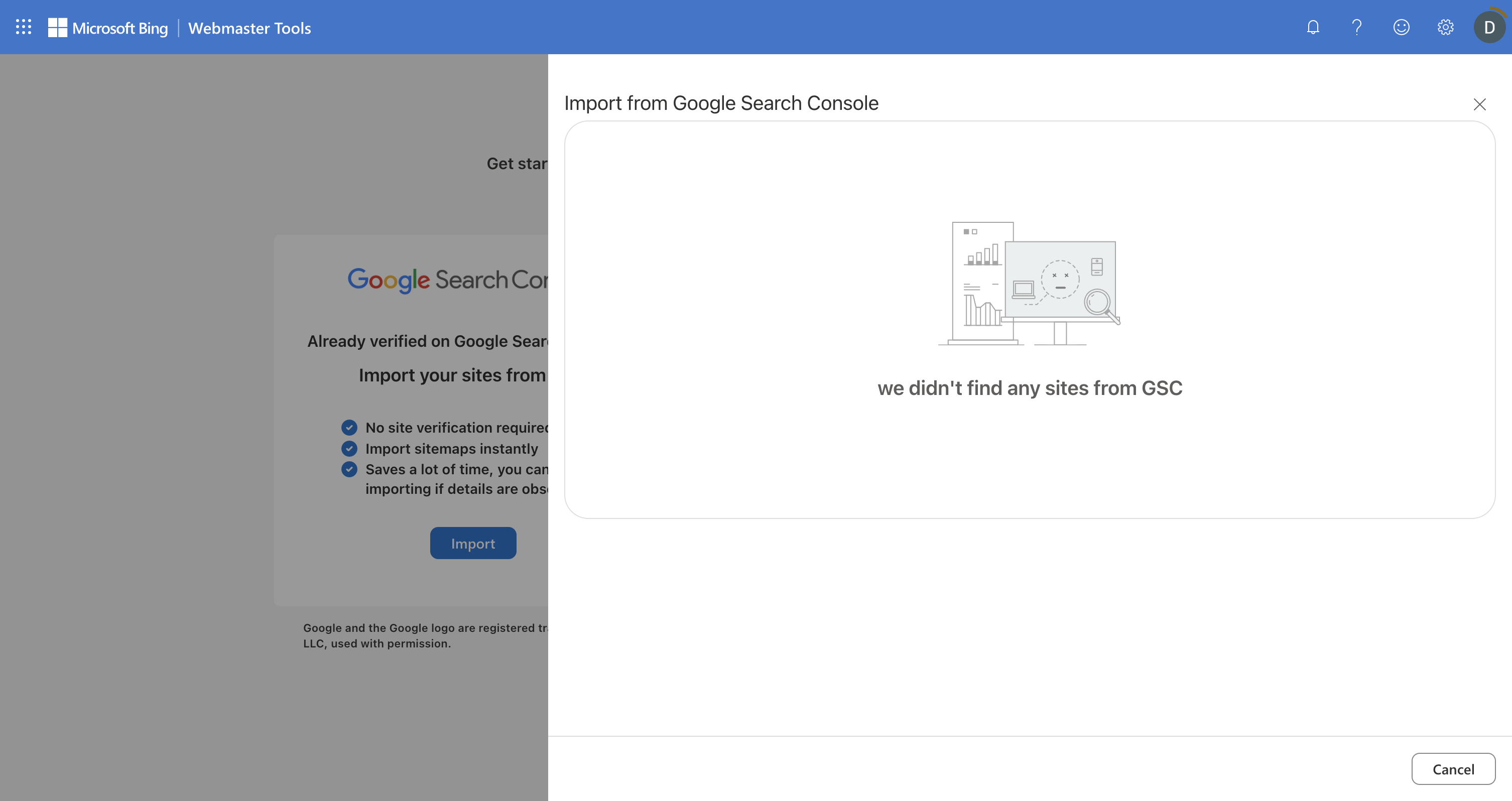 Bing's GSC import returning "we didn't find any sites from GSC" — it silently doesn't support Domain properties.