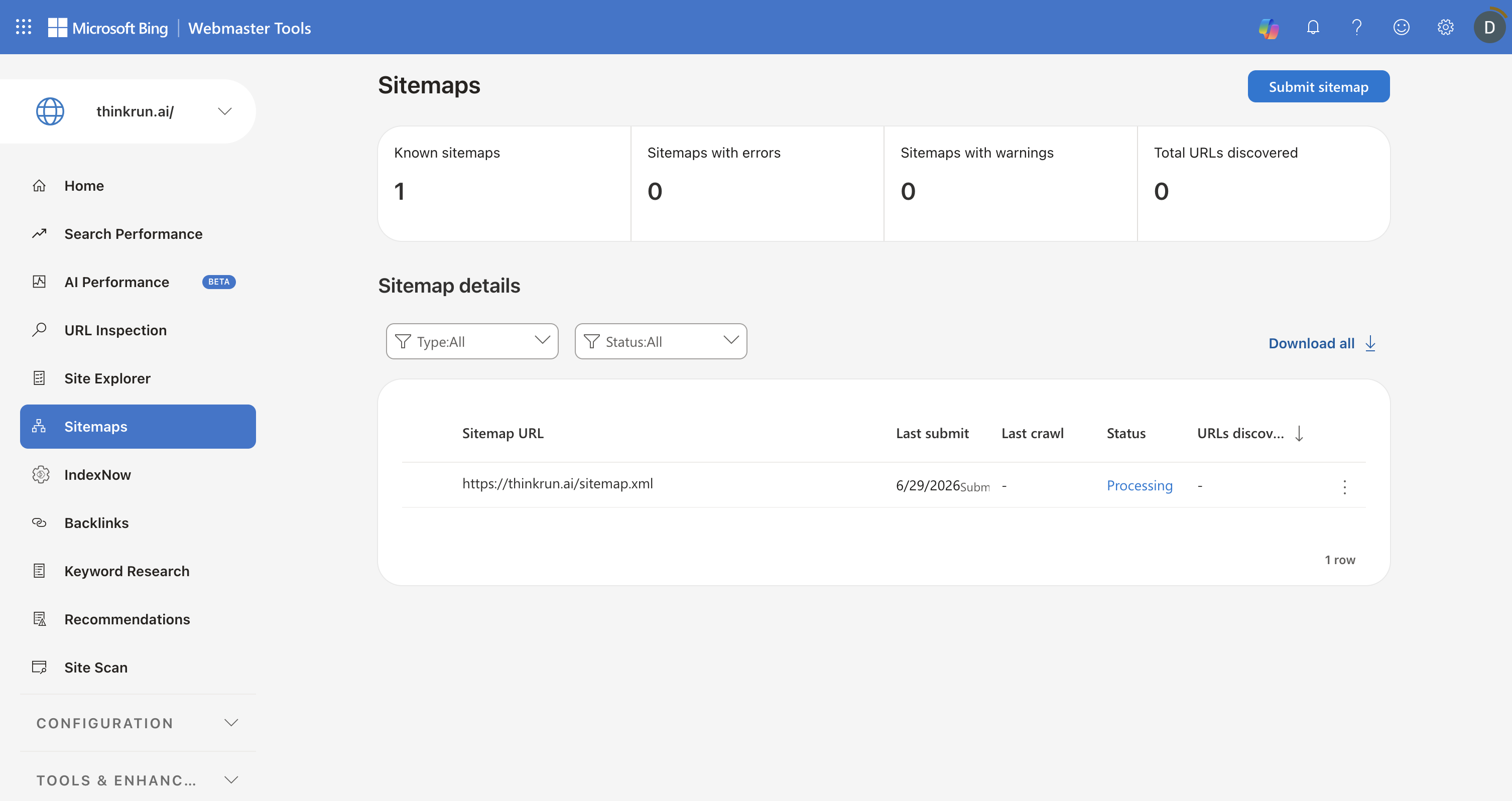 Bing Webmaster Tools: verified, sitemap submitted, 1 known sitemap, 0 errors.